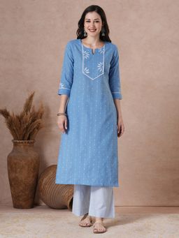 Kami Kubi - Women Blue Block Print Yoke Cotton Kurta and Palazzo