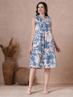Kami Kubi - Blue Floral Print A-Line Button Placket Dress