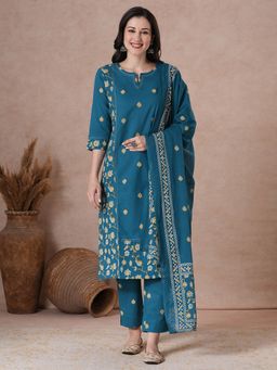 Kami Kubi - Women Teal Straight Fit Printed Panelled Cotton Kurta with Pant and Dupatta