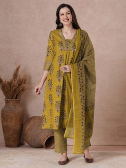 Kami Kubi - Women Cotton Mustard Printed Kurta with Pant and Dupatta