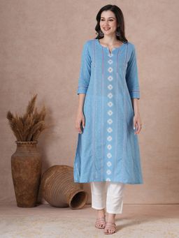 Kami Kubi - Women Blue Cotton Mirror Embroidered Kurta