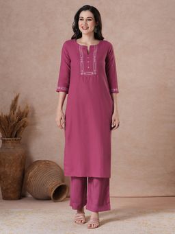 Kami Kubi - Women Pink Cotton Embroidered with Mirror Work Kurta