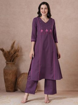 Kami Kubi - Women Purple Cotton Embroidered Kurta with Palazzo