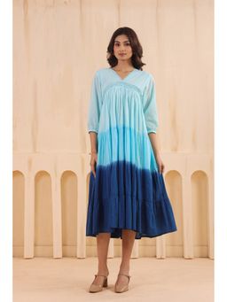SAVI - Women Sky Blue Cotton Dobby Ombre Flared Dress