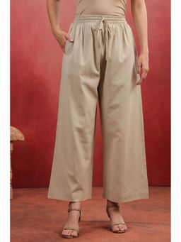 SAVI - Women Beige Cotton Solid Wide Leg Pant