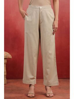 SAVI - Women Beige Cotton Solid Wide Leg Pant