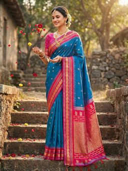 Sutriti - Women Blue Linen Woven Saree With Unstitched Blouse