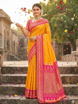 Sutriti - Women Yellow Linen Woven Saree With Unstitched Blouse