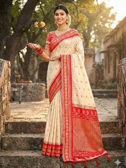 Sutriti - Women Cream Linen Woven Saree With Unstitched Blouse
