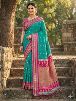 Sutriti - Women Turquoise Linen Woven Saree With Unstitched Blouse