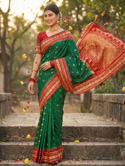 Sutriti - Women Green Linen Woven Saree With Unstitched Blouse