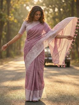 Sutriti - Women Purple Linen Woven Saree With Unstitched Blouse