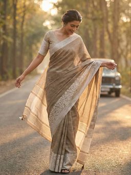 Sutriti - Women Beige Linen Woven Saree With Unstitched Blouse