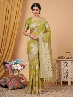 Sutriti - Women Mustard Linen Woven Saree With Unstitched Blouse