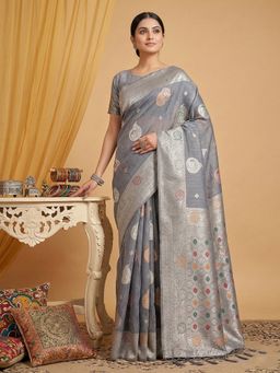 Sutriti - Women Grey Linen Woven Saree With Unstitched Blouse