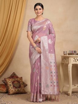 Sutriti - Women Purple Linen Woven Saree With Unstitched Blouse