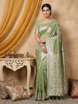 Sutriti - Women Linen Green Woven Saree With Unstitched Blouse