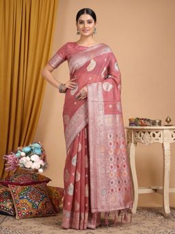 Sutriti - Women Pink Linen Woven Saree With Unstitched Blouse