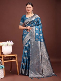 Sutriti - Women Teal Banarasi Silk Woven Saree With Unstitched Blouse