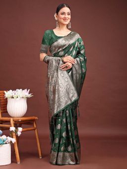 Sutriti - Women Green Banarasi Silk Woven Saree With Unstitched Blouse