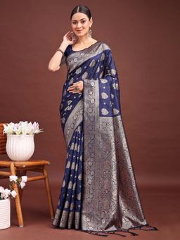 Sutriti - Women Navy Blue Banarasi Silk Woven Saree With Unstitched Blouse