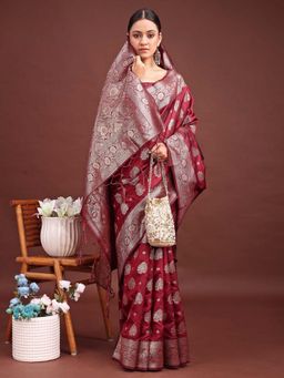 Sutriti - Women Banarasi Silk Maroon Woven Saree With Unstitched Blouse