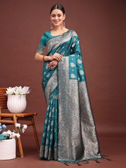 Sutriti - Women Banarasi Silk Teal Woven Saree With Unstitched Blouse