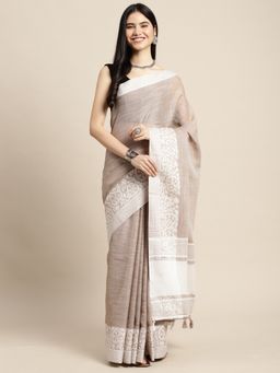 Sutriti - Women Beige Linen Woven Saree With Unstitched Blouse