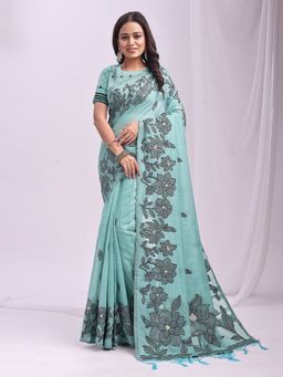 Sutriti - Women Aqua Linen Woven Saree With Unstitched Blouse