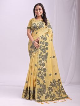 Sutriti - Women Yellow Linen Woven Saree With Unstitched Blouse
