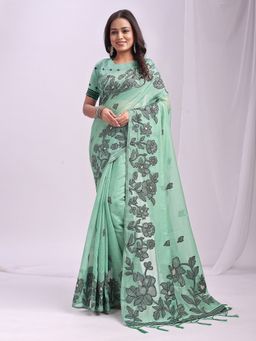 Sutriti - Women Linen Green Woven Saree With Unstitched Blouse