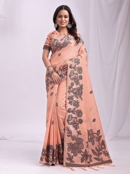 Sutriti - Women Peach Linen Woven Saree With Unstitched Blouse
