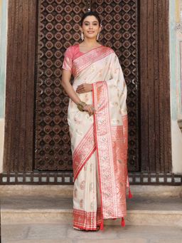 Sutriti - Women White Banarasi Silk Woven Saree With Unstitched Blouse