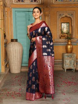 Sutriti - Women Banarasi Silk Navy Blue Woven Saree With Unstitched Blouse