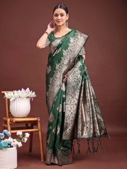 Sutriti - Women Green Banarasi Silk Woven Saree With Unstitched Blouse