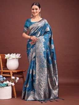 Sutriti - Women Teal Banarasi Silk Woven Saree With Unstitched Blouse