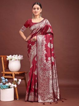 Sutriti - Women Maroon Banarasi Silk Woven Saree With Unstitched Blouse