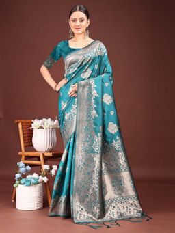 Sutriti - Women Turquoise Banarasi Silk Woven Saree With Unstitched Blouse