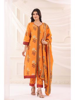 SAVI - Women Mustard Cotton Floral Printed Kurta with Pant and Dupatta