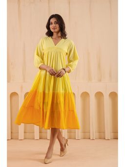 SAVI - Women Yellow Cotton Dobby Ombre Flared Dress