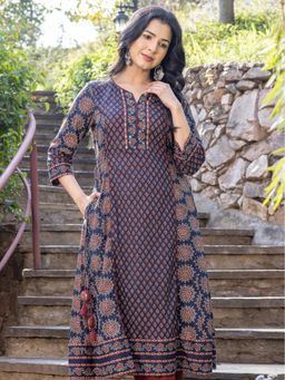 ARAMYA - Blue Soft Cotton A-Line Floral Print Kurta