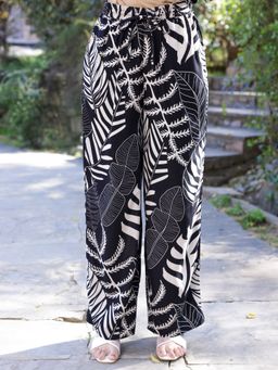 ARAMYA - Women Black Viscose Foliage Printed Pant