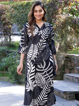 ARAMYA - Black Viscose A-Line Foliage Print Kurta