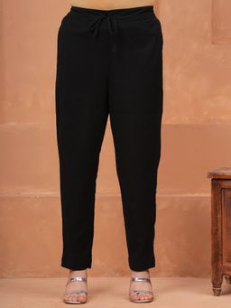 ARAMYA - Women Black Linen Cotton Solid Pant