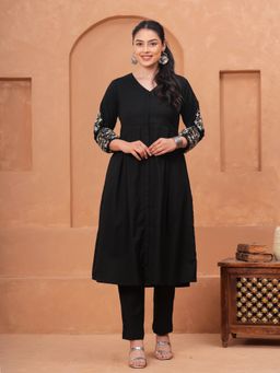 ARAMYA - Women Black Cotton Linen Embroidered Kurta with Pant
