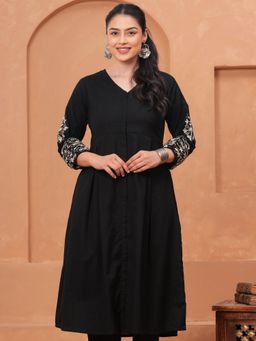 ARAMYA - Black Linen Cotton Flared Floral Kurta