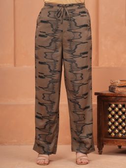 ARAMYA - Women Beige Viscose Abstract Printed Pant