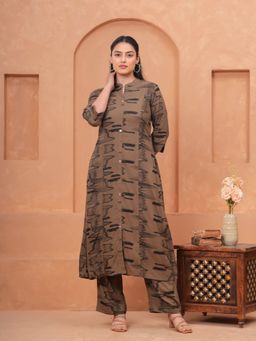 ARAMYA - Women Brown Viscose Abstract Kurta with Pant
