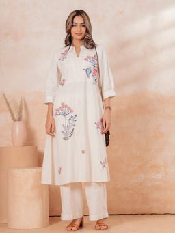 ARAMYA - Women Off White Cotton Linen Floral Kurta with Pant