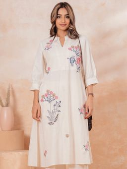 ARAMYA - Off White Linen Cotton A-Line Floral Kurta